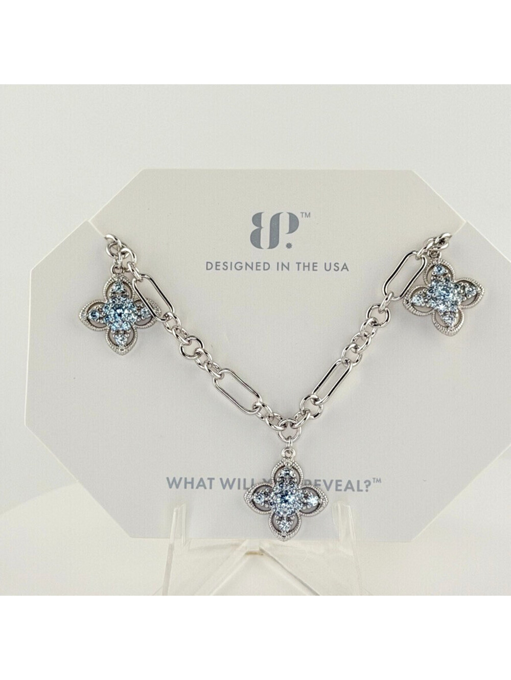 Bomb Party āThe Rosalie Necklaceā NK35843 Aquamarine on Rhodium Clover Charm